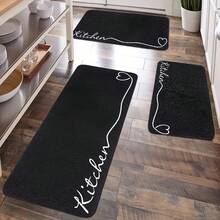 1 Piece Set Kitchen Mat, Festival Simple Kitchen Decor Carpet, Heart Kitchen Series, European Minimalist Style, Comfortable Kitchen Standing Mat, Flannel Material, Non-Slip Soft And Comfortable - 黑色 - 查看 1