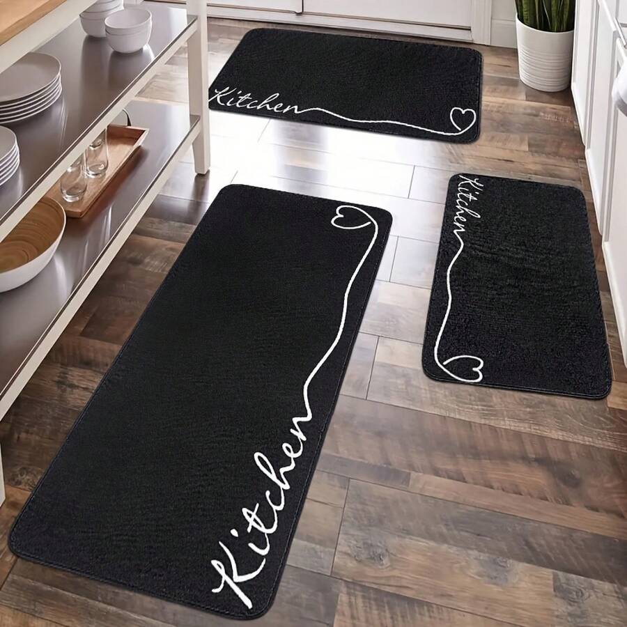 1 Piece Set Kitchen Mat, Festival Simple Kitchen Decor Carpet, Heart Kitchen Series, European Minimalist Style, Comfortable Kitchen Standing Mat, Flannel Material, Non-Slip Soft And Comfortable - 黑色 - 查看 1