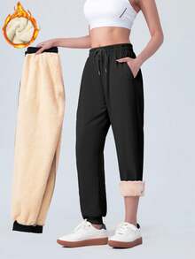 女士户外运动裤，抓绒慢跑裤，柔软亲肤面料，弹性腰带，带口袋，适合户外活动、运动、骑行、徒步，也是送给闺蜜的时尚必备单品。紧身版型 - 黑色 - 查看 3