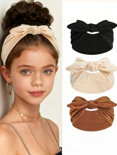 3/1pc Girls Bowknot Rabbit Ear Headband, Boho Extra Wide Cute Rabbit Ear Knotted Headband, Solid Color Bowknot Hair Accessory, Suitable For Girls Daily Wear, Autumn/Winter Headband