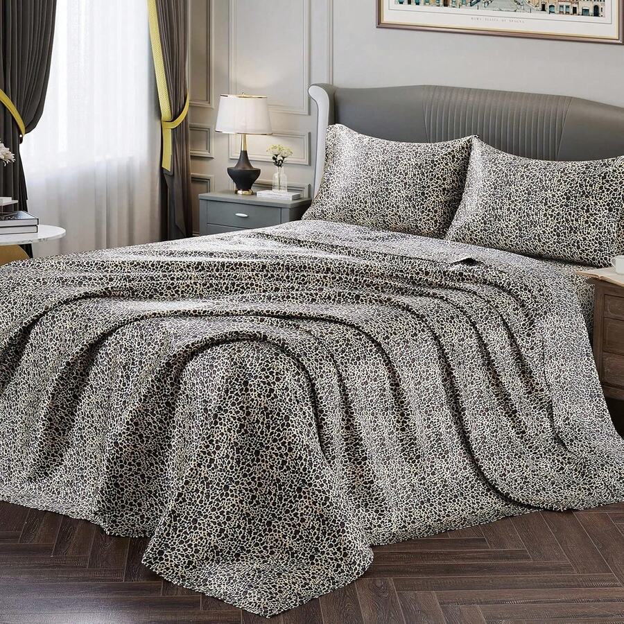 Silky Soft Pink Twin XL Satin Bed Sheets Set, 1 Deep Pocket Fitted Sheet + 1 Flat Sheet + 1 Pillowcase, In 2025 - 豹紋 - 查看 1