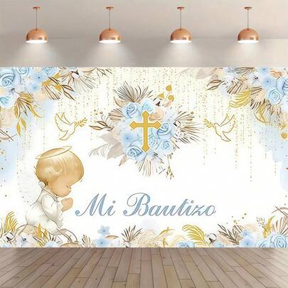 1 pieza Decoración artística de fondo para bautizo de ángel - Túnica blanca y cruz dorada, patrón floral, adecuado para boda, cumpleaños, ceremonia de mayoría de edad, decoración del hogar y cafetería, decoración de bautizo, tema de fiesta juvenil, telón de fondo para fotografía