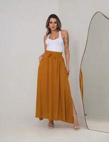 Women's Long Viscolinho Skirt With Pockets And Side Slit, Evangelical Fashion, Lined, Casual Fashion, High Waist - 亮橙色 - 查看 4