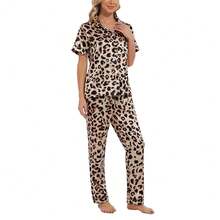 YIJIU Womens Silk Satin Pajamas Set Short Sleeve Sleepwear Soft Button Down Loungewear Two-Piece Pjs Sets XS-XXL{"Special_size_type":"Long","Size_name":"XX-Large","Color_name":"Leopard"} - 多色8 - 查看 6