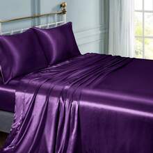 Silky Soft Pink Twin XL Satin Bed Sheets Set, 1 Deep Pocket Fitted Sheet + 1 Flat Sheet + 1 Pillowcase,  In 2025 - 深紫色 - 查看 2