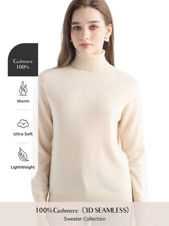 Jersey de cuello alto de 100% puro cachemira para mujer, de manga larga, cálido y suave, tejido, para otoño e invierno 2025