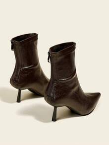 秋冬女士巧克力棕色踝靴，7厘米高跟，弹力修身设计，舒适时尚尖头靴，酒红色鞋跟 - 棕色 - 查看 4