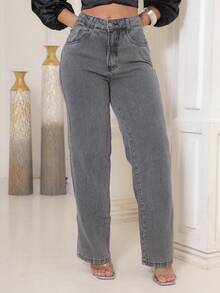 Gaven Women's Wide Leg 100% Jeans, Premium Thick Marbled Fabric, High Waist - Xám - Xem 5