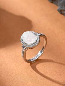 1pc Natural Crystal & Stone Smooth Egg-Shaped Open Ring, Suitable For Women