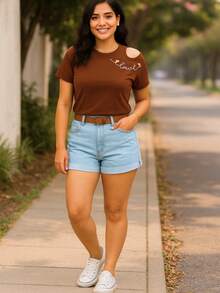 Cropped Blouse With Off-The-Shoulder Cutout, Shoulder Opening, With A Localized Print, Love Viscolycra, Asymmetrical, Blogger - Rust Brown - View 7