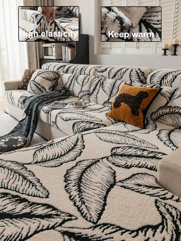 1pc Solid Color Teddy Fleece Sofa Cover, Elastic Wrap-Around, Warm & Comfortable, Simple Ins Style, Pet-Friendly, Non-Slip, Machine Washable, Suitable For L-Shaped Sofa 1/2/3/4 Seats, Living Room, Bedroom, Study