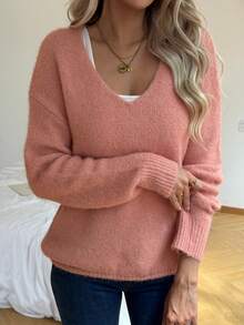 女士V领马海毛毛衣 - 垂褶长袖套头衫，适合秋季度假和派对穿着 | 复古奢华轻盈设计 - 藕粉色 - 查看 8