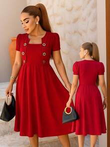 Ribbed Evangelical Midi Dress With Buttons Elegant Feminine For Party, Work And Worship Simple Mesh Buttons In The Front Tie Hem With Ruffles Godet Midi Dress Evangelical Fashion Dating Holidays All - 紅色 - 查看 1