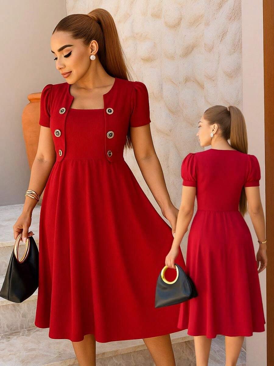 Ribbed Evangelical Midi Dress With Buttons Elegant Feminine For Party, Work And Worship Simple Mesh Buttons In The Front Tie Hem With Ruffles Godet Midi Dress Evangelical Fashion Dating Holidays All - 紅色 - 查看 1