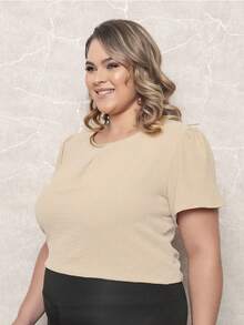 ONLYONE - PLUS SIZE WOMEN'S BLOUSE, SHORT SLEEVE PRINCESS, PLEATES ON THE NECKLINE, LIGHT DUNES - ELEGANT WOMEN'S BLOUSES, LARGE - 淺米色 - 查看 5