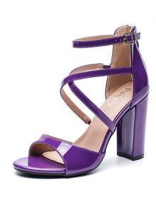 Women's Formal Strappy Sandal High Chunky Block Heel Ankle Strap Zip Up Heels - 紫色 - 查看 17