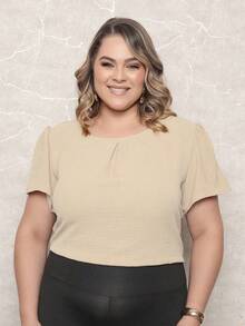ONLYONE - PLUS SIZE WOMEN'S BLOUSE, SHORT SLEEVE PRINCESS, PLEATES ON THE NECKLINE, LIGHT DUNES - ELEGANT WOMEN'S BLOUSES, LARGE - 淺米色 - 查看 1