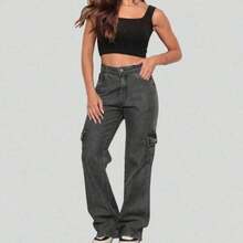 Calça Cargo Grafite  Feminina Cintura Alta  Simples    Casual  elegante  Festa    Bolso  Botão  Zíper    Escola  Diário