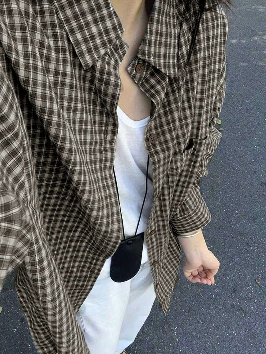 女款复古蓝色格子衬衫，宽松版型，休闲校园风，百搭，春夏