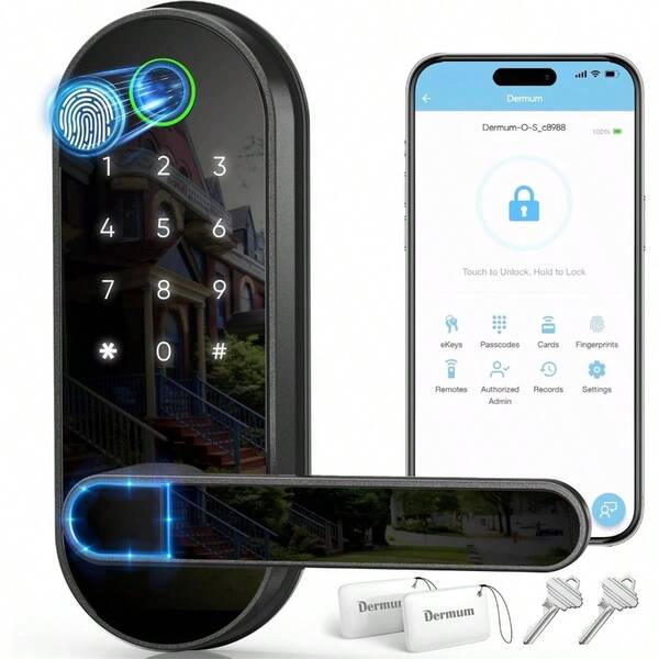 Keyless Entry Fingerprint Digital With Handle Keypad: Electronic Lock With Code, App Control Biometric Deadbolt Door Knob Front, Interior, Exterior Bedroom Door Black