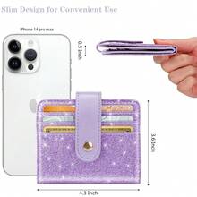 Slim Bifold Wallet RFID Credit Card Wallet Glitter Leather Small Cute Card Holder For Women, Purple{"Color_name":"GlitterPurple"} - 多色9 - 查看 6