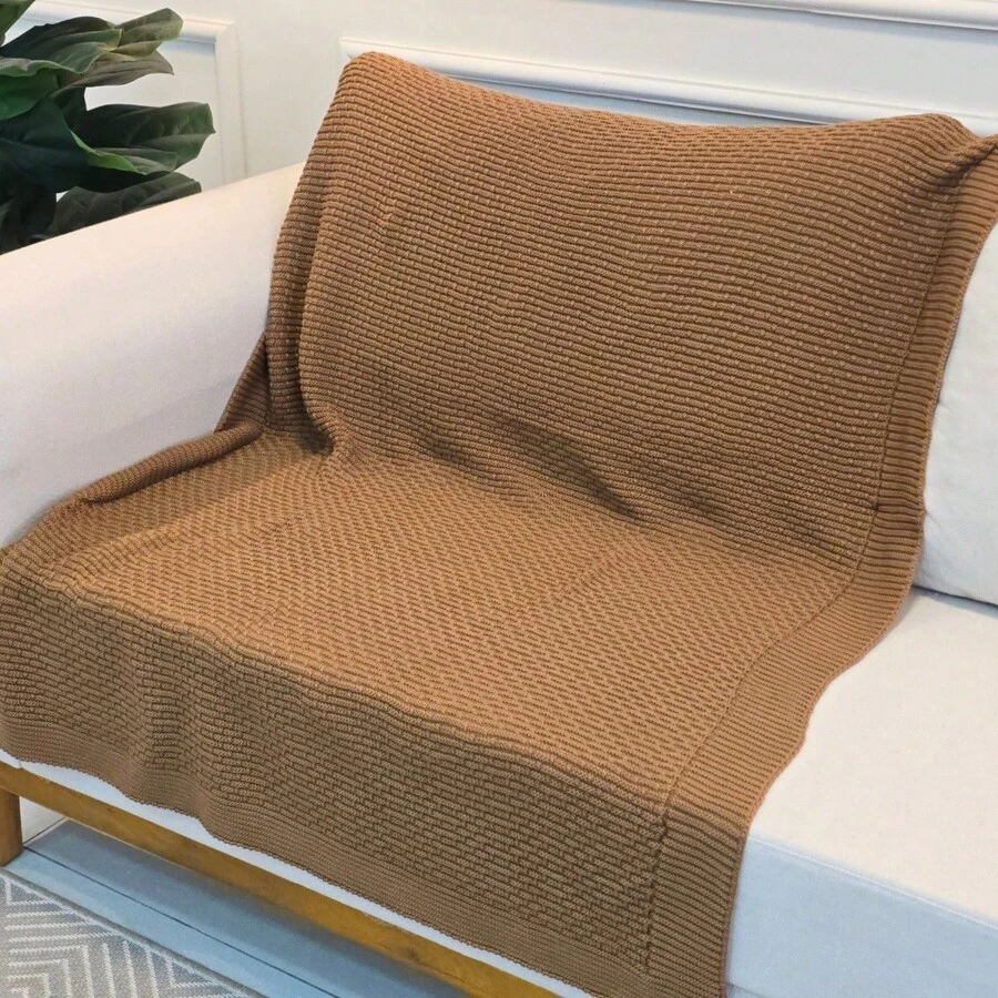Knitted Blanket Sofa Armchair 150x100cm Siena Decor Living Room - Camel - View 1
