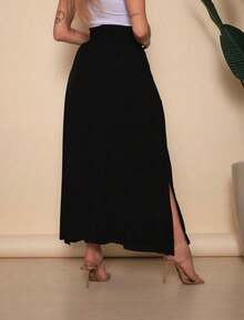 Women's Long Viscolinho Skirt With Pockets And Side Slit, Evangelical Fashion, Lined, Casual Fashion, High Waist - 黑色 - 查看 2