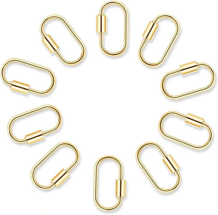 10pcs Screw Carabiner Lock Charms, Golden Necklace Lock Clip Keychain Clip Hook Metal Oval Keyring Holder Clasp For DIY Necklace Bracelets Jewelry Making - 金色 - 查看 1