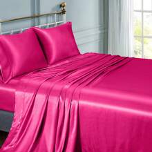 Silky Soft Pink Twin XL Satin Bed Sheets Set, 1 Deep Pocket Fitted Sheet + 1 Flat Sheet + 1 Pillowcase,  In 2025 - 玫紅色 - 查看 2