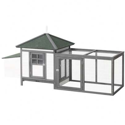 Bantam Chicken Coop, Winter-Proof Chicken House With Run, Perches, Nesting Box, Pinewood, Grey And White, 196 X 76 X 97 Cm