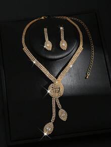 1条项链+1对耳环女士首饰套装，几何图案，适合日常、约会、派对、新娘、婚礼、情人节等场合佩戴