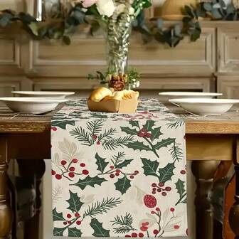 Față de masă dreptunghiulară din poliester, din in, dintr-o bucată, cu decorațiuni festive din fructe de pădure roșii și ilex verde, decorațiuni de Crăciun, potrivită pentru decorarea sărbătorilor rurale, cu diverse dimensiuni din care puteți alege, potrivită pentru mese, întâlniri în bucătărie, case interioare, decorațiuni pentru mese de sărbători și teme de sărbători, decor de Crăciun pentru casă, este o alegere ideală ca și cadou de Crăciun.