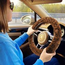 Fuzzy Car Steering Wheel Cover, Universal Fit Fur Auto Wheel Cover & Handbrake Cover & Gear Shift Cover Set, Leopard Warm Fluffy Vehicle Wheel Protector Car Accessories For Men Women (Brown) - 深棕色/豹紋 - 查看 6