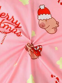 3 件套女孩和青少年休闲卡通圣诞礼物印花翻领长袖开衫和短裤和长裤睡衣套装，阻燃，适合所有季节和圣诞节 - 粉色 - 查看 7