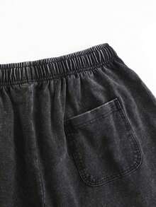 Men's Oversized Black Cotton Shorts With Pumpkin And Bow Embroidery Print, Casual Streetwear Style For Autumn Festival Outfits - 黑色 - 查看 4