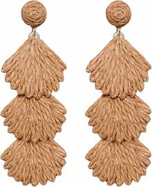 Raffia Dangle Earrings Women - Boho Statement Rattan Drop Jewelry With Design, Lightweight Summer Beach Accessories - 棕色 - 查看 1