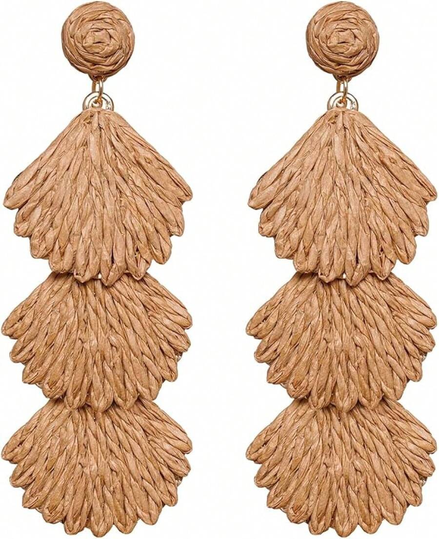 Raffia Dangle Earrings Women - Boho Statement Rattan Drop Jewelry With Design, Lightweight Summer Beach Accessories - 棕色 - 查看 1