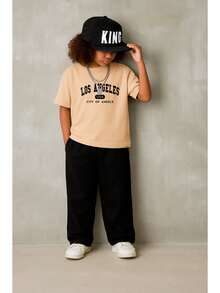 2 Peças Conjunto Masculino Calça Reta e Camiseta Infantil City Of Angels Casual - Bege - Visão 1