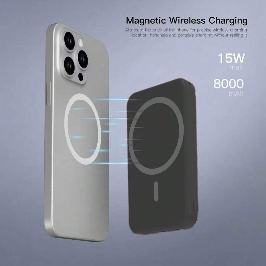 Magnetic Wireless Power Bank, 8000mAh, Dual Type-C Cable, Wired Fast Charging, Front And Rear Lighting, Stepless Brightness Adjustment, Perfect For Selfies, Photos, And Travel