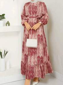Women Allover Print Long Sleeve Belted Modest Dress