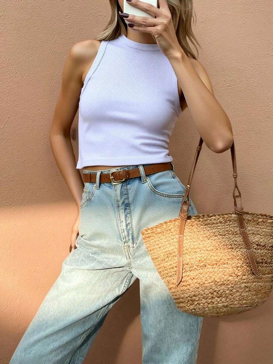 Top sin mangas, cuello redondo. tela super stretch - Neblina azul - Ver 1