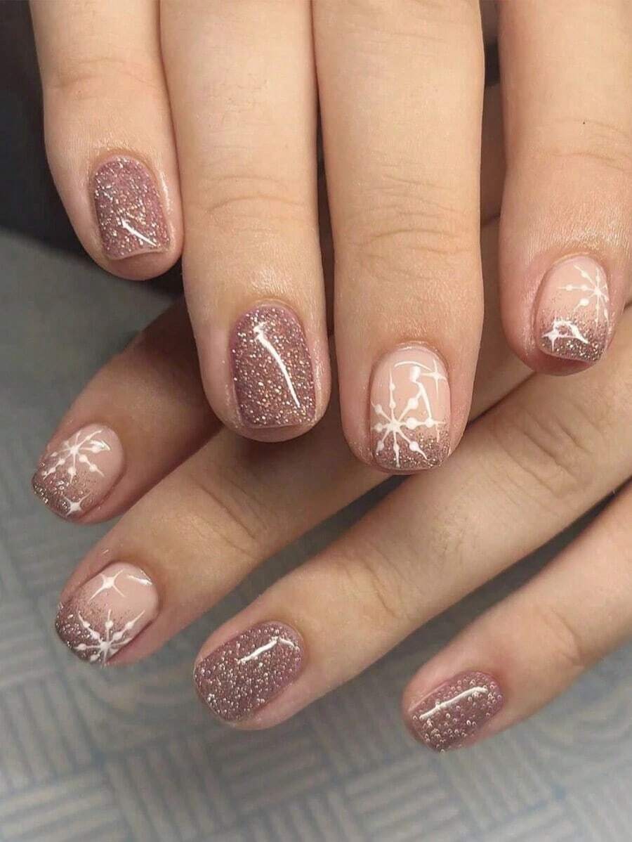 24Pcs/Set Christmas Short Square Champagne Glitter Snow Flake Full Cover Press-On Nails, Suitable For Women Holiday Wear Nail Supplies Nails - 彩色 - 查看 1