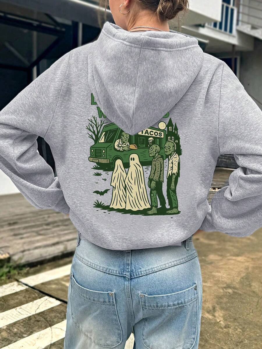Sudadera con capucha casual de talla grande para mujer con estampados de fantasma, zombi y vagón de comedor, adecuada para uso al aire libre, con bolsillo con cordón, edición de otoño y talla grande, sudadera de talla grande con estampado para mujer