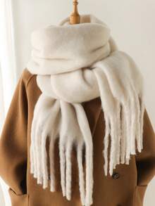 1 件装女士冬季围巾，马尾毛黑色仿羊绒披肩，加厚保暖，女士时尚纯色流苏拉绒围巾，户外女士披肩，连衣裙 - 白色 - 查看 2