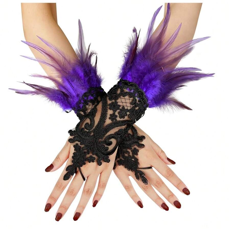 L'VOW 2Pcs Gothic Black Lace Feather Long Gloves For Women Halloween Witch Costume Swan Wristband Cuff{"Color_name":"A-Purple"} - A-紫色 - 查看 1