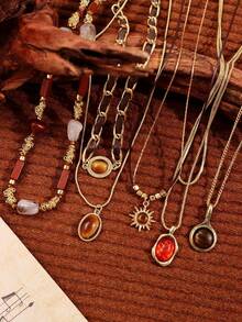 1 pieza Collar con colgante de ojo de tigre vintage, joyería de mujer con capas de colores otoñales/invernales, accesorio retro casual