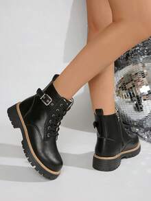 [Thermisch gefüttert & warm] Schwarze Leder-Schnürstiefel mit Schnalle, dicke Sohle für Damen, im Retro-Europäischen & Britischen Stil Motorradstiefel, rutschfeste Knöchelstiefel für Herbst/Winter