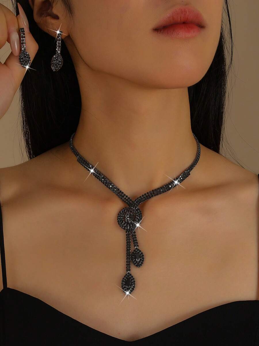 1pc Necklace + 1 Pair Earrings Women Jewelry Set, Geometric Pattern, Suitable For Daily, Date, Party, Bride, Wedding