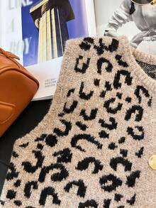 1 Áo len chui đầu mùa đông cổ điển họa tiết da báo, cài một hàng khuy dành cho nữ, áo khoác ngoài cardigan dệt kim đa năng - màu nâu - Xem 5