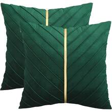 Navy Blue Velvet Throw Pillow Covers 18 X 18 Inch Pack Of 2 With Gold Leather Decor For Couch, Luxury Modern Pillowcases For Living Room, Bedroom Sofa Cushion Bed - 墨綠色 - 查看 1